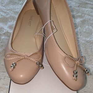 Nine West Tan Flats with Bow and Bead Detail